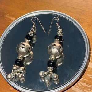 Vintage Long silver & black bead boho festival drop wire earrings